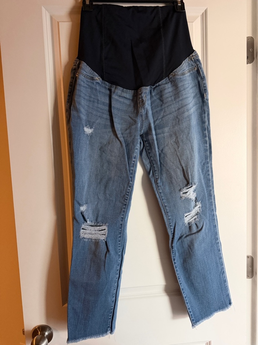 Maternity Distressed Blue Denim Jeans with Black Stretch Waistband